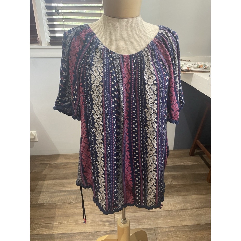 Westport Women's Scoop Neck Lace Trim All Over Print Boho Blouse XL